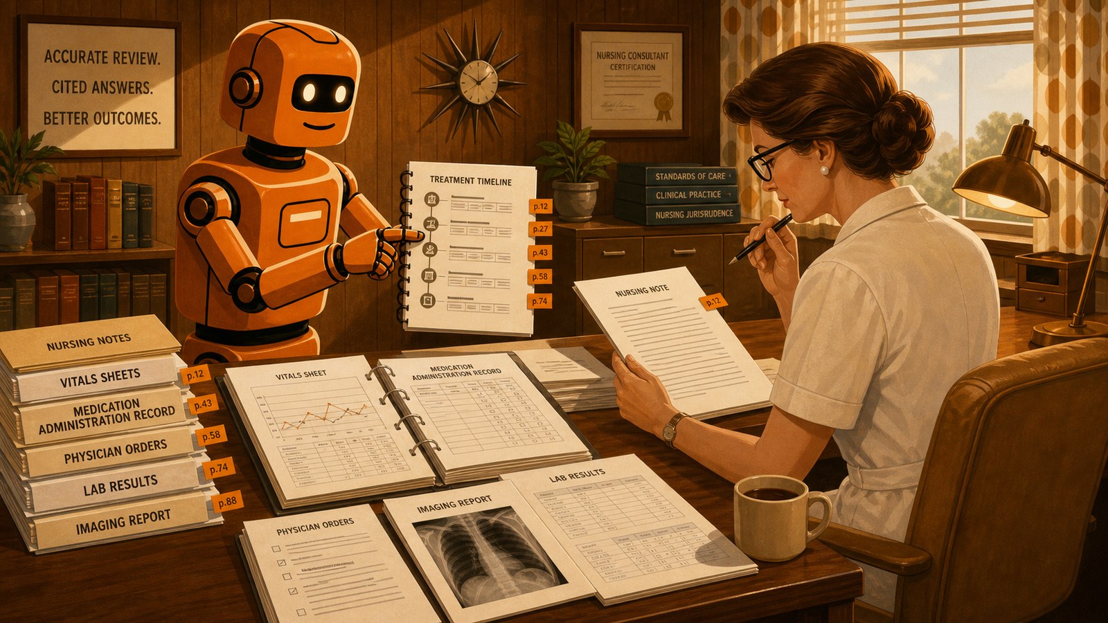 PG robot helping an expert nursing consultant review nursing notes and cited medical records