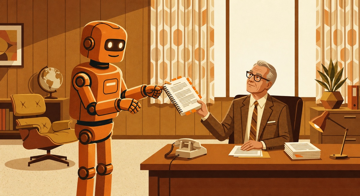 PG robot handing a page-cited document to a litigation reviewer