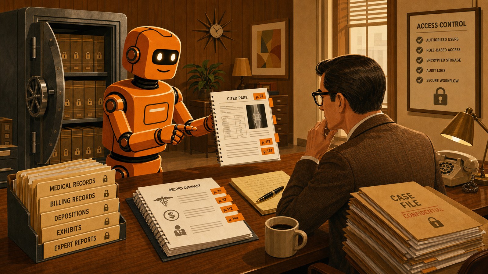 PG robot showing secure legal document review with cited records